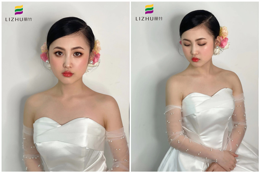 簡約鮮花新娘妝容，廣西化妝學(xué)校新娘妝作品