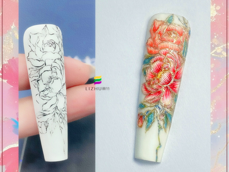 國風刺繡牡丹美甲，廣西美甲設計學校作品