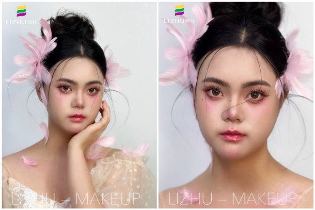 粉色羽毛寫真作品，廣西學(xué)化妝操作